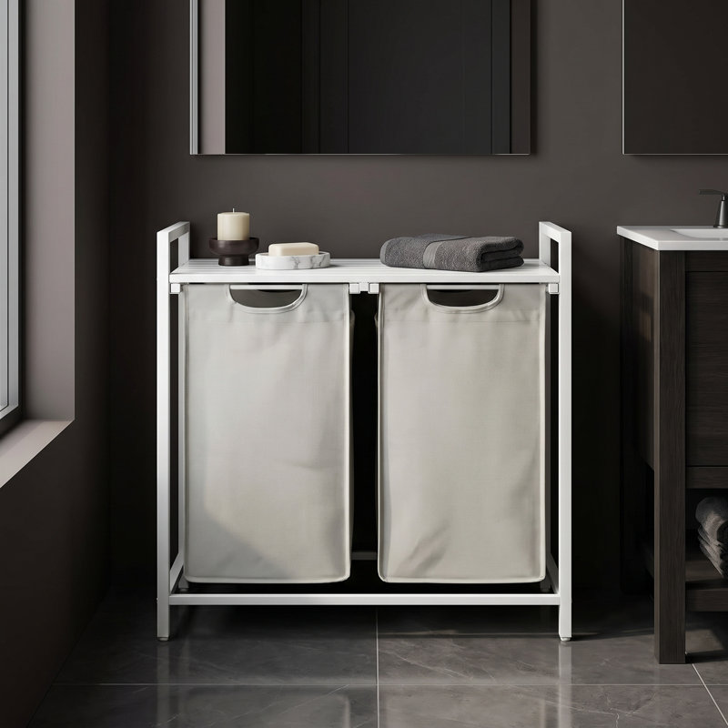 2-Section Laundry Hamper - Laundry Sorter With 2 Pull-Out And Removable Bags, Metal Frame With Shelf, 2 X 12.1 Gallons (46 L), 28.8 X 13 X 28.4 Inches, Cream White And Cloud White
