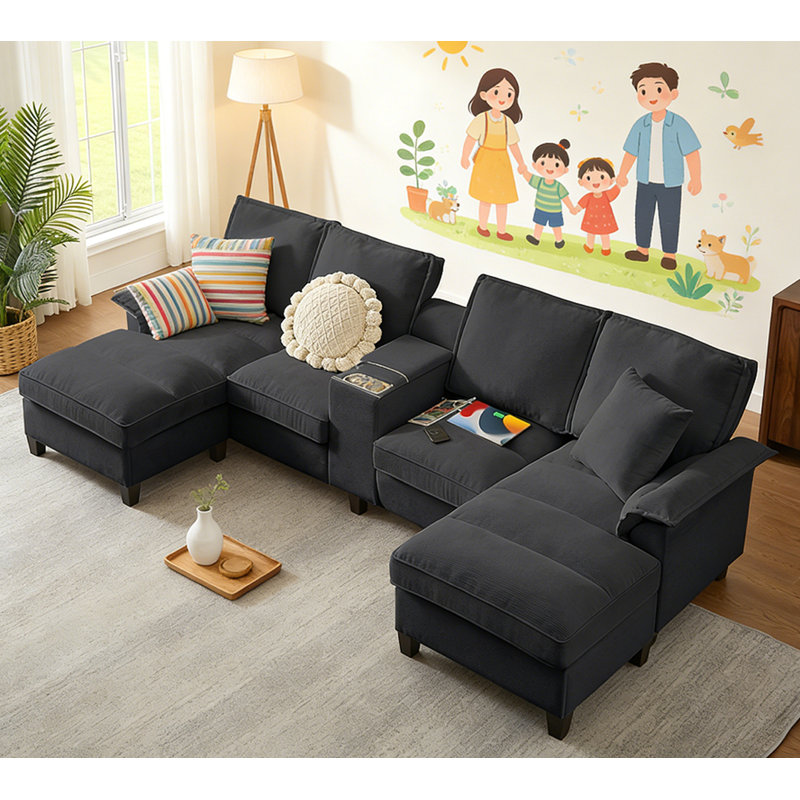 Modern U-Shaped Design, 4-Seatet Sofa, Black Corduroy