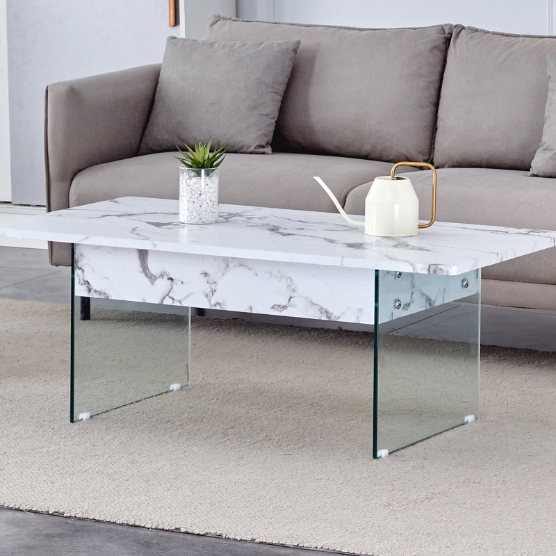 Table basse multifonctionnelle au fini marbre blanc. Pieds en verre trempé et tiges en métal. Vaste espace de rangement. Convient au bureau du salon. Différentes couleurs. Guide d'assemblage facile avec motif polyvalent et stable
