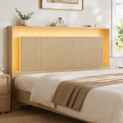 Queen Size Wooden Headboard with Charging Station and LED Lights, Modern Fluted Wave Pattern Storage Headboard, Freestanding Bedboard for Master Bedroom, Natural Wood