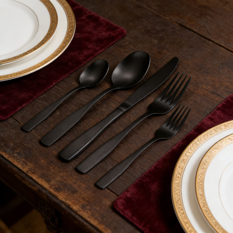 Ensemble de couverts moderne en acier inoxydable noir mat avec poignées carrées - Ensemble de couverts 30 pièces pour 6 couverts, ustensiles de cuisine durables et élégants