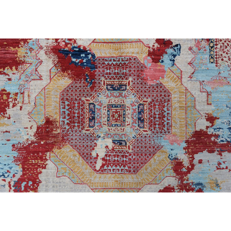 Tapis rouge et bleu noué à la main de haute qualité