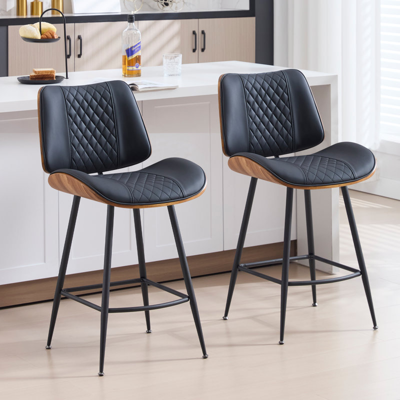 26" Modern faux leather Counter Stools with Backrest for Kitchen Island, Home Bar, Black, 2