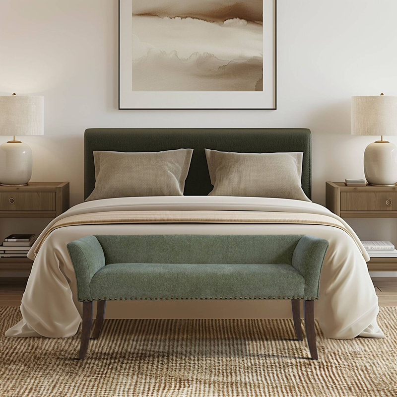 Alfordsville 49.5” Wide Green Upholstered Nailhead Bench with Solid Wood Legs, Green/Dark Walnut