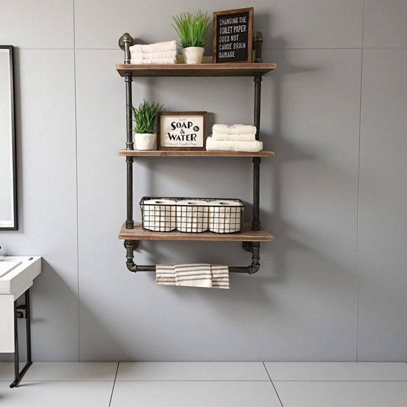 3 Tier Industrial Pipe Shelf Rustic Wood Floating Shelves,Wall Display Bookshelf,Storage Rack Sundries Holder For Kitchen Office Bathroom Organization And Home Decor (24Inch)