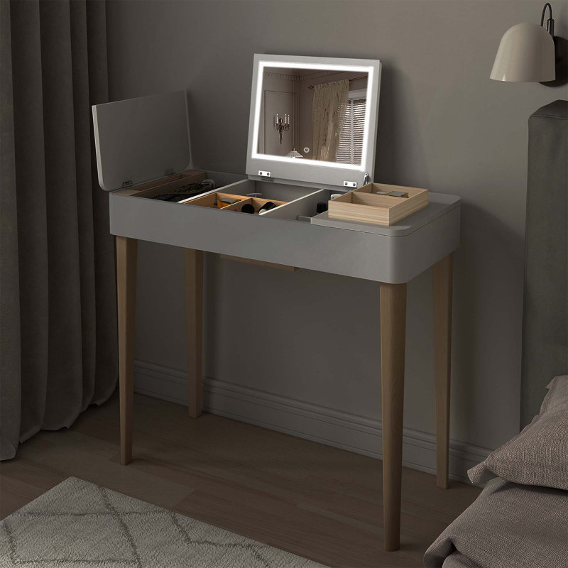 Vanity Mirror With Lights And Solid Wood Legs And Flip-Up High Definition Mirror