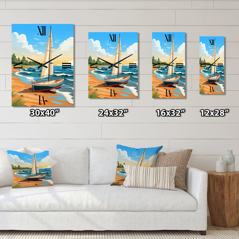Illustration rétro d'un voilier sur le rivage - Horloge murale surdimensionnée, Grand