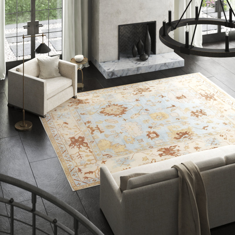Wool Oriental Area Rug in Light Blue/Ivory/Brown, Rectangle 6'1" x 8'9"