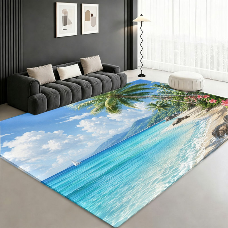 Tapis d'intérieur motif paysage tropical et plage, palmiers et bord de mer, antidérapant, idéal pour le salon, la chambre à coucher, la cuisine, l'entrée ou un appartement.