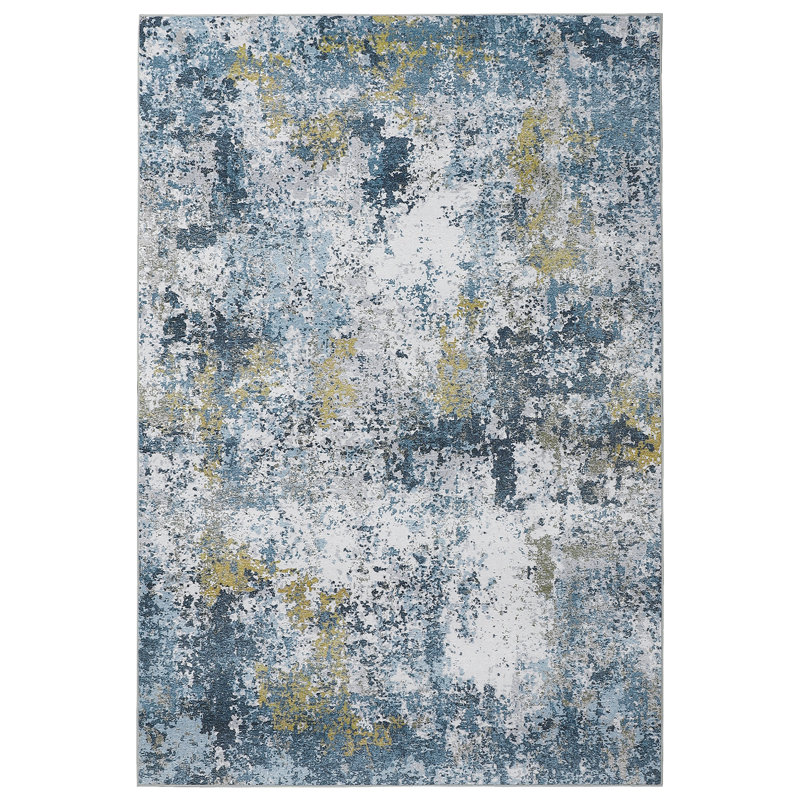Modern Washable Rug 10x13 Large Contemporary Abstract Rug with Non Slip TPR Backing, Soft Non Shedding Floor Covering, Low Pile Thin Foldable Mat for Open Spaces Office, Blue