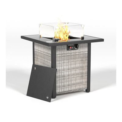 Table de foyer d'extérieur au propane 28 po, aspect rotin et osier, 50000 BTU, foyer de table au gaz en verre trempé avec pare-brise en verre pour l'extérieur
