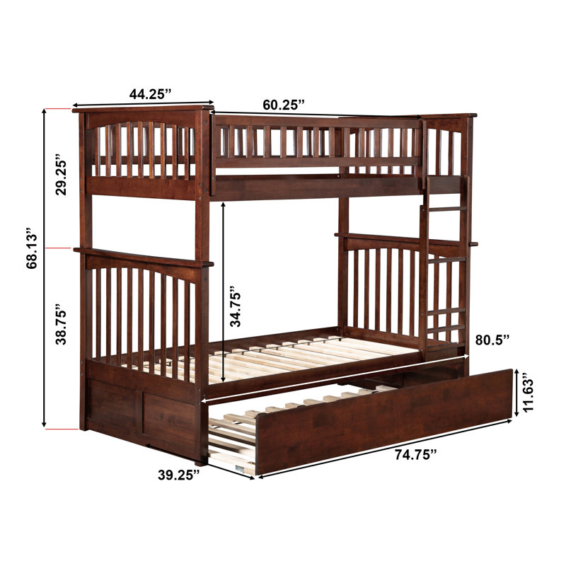 Blaisdell Solid Wood Standard Ladder Bunk Bed with Roll Out Trundle, Walnut, Twin over Twin