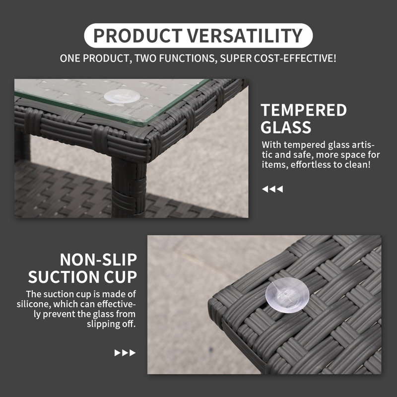 Lavara Outdoor Wicker Side Table Patio Coffee Table Glass Top 2-layer End Square Table, Black