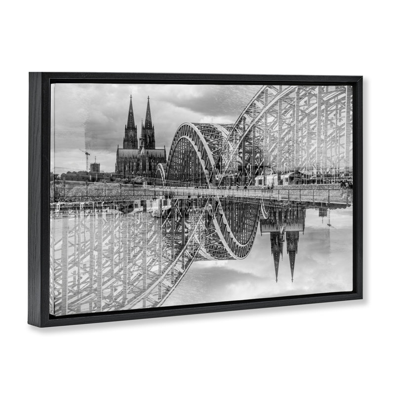 Cadre flottant pont et cathédrale, design par Robin Vandenabeele, Cadre flottant noir de jais, H 17 po x l 25 po