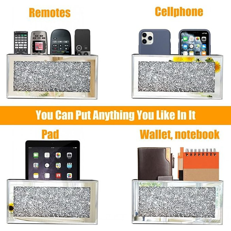 Porte-miroir en miroir, boîte de rangement de décoration murale en forme de diamant écrasé pour tablette de téléphone portable (8,3 po x 2,5 po x 4 po pour 3 ou 4 télécommandes)