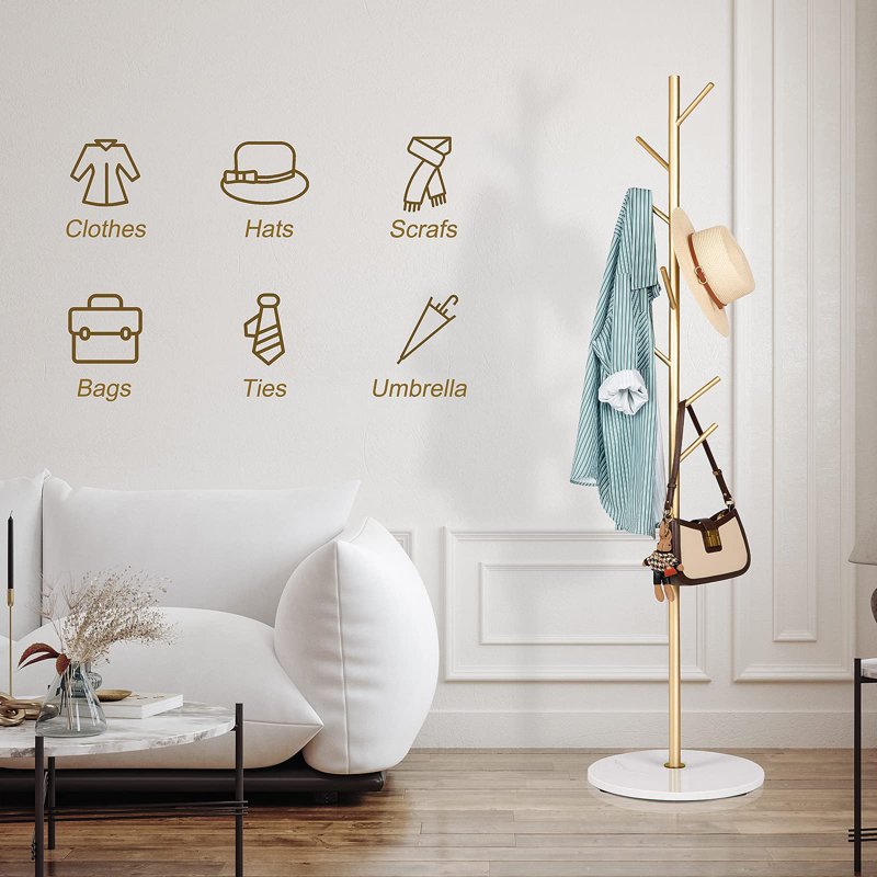 Golden Metal Coat Rack with Marble Base and 8 Hooks