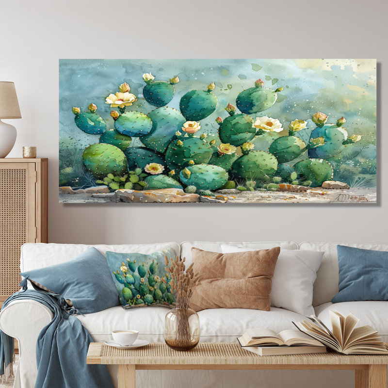 Vert, jaune, désert, jardin de cactus III - art mural floral cactus, Toile tendue, H 28 po x l 60 po x P 1,5 po