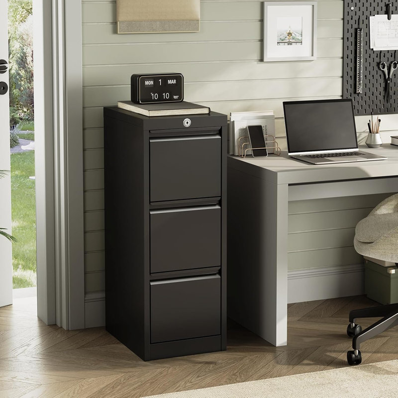 3 Drawer File Cabinet, Metal Filing Cabinet with Lock, A4 File Cabinets with Stationary Tray, Large Capacity, File Storage Cabinets for Home, Office