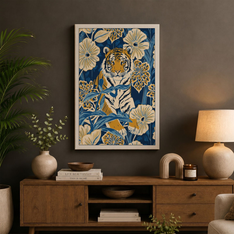 Tiger in Bloom Botanical - Wrapped Canvas, 36x24 - 91.4 x 61.0 cm, Terracotta Border