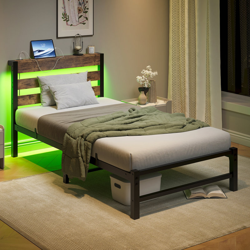 Bed Frame Heavy Duty Platform Bed Frame With Headboard, Usb Charging Station, Led Bed, No Box Spring Needed, Mattress Foundation, Strong Steel Slats, Noise Free
