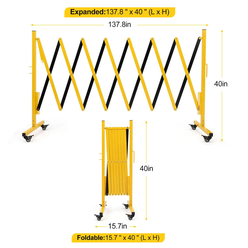 Expandable Metal Barricade Gate, Mobile Safety Barrier with Retractable Traffic Fence, Easy Assembly, and Casters