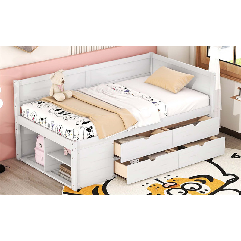 Lit de jour polyvalent avec tiroirs et tablettes, conception peu encombrante pour les maisons modernes, idéal pour le rangement et une assise ou un lit confortable