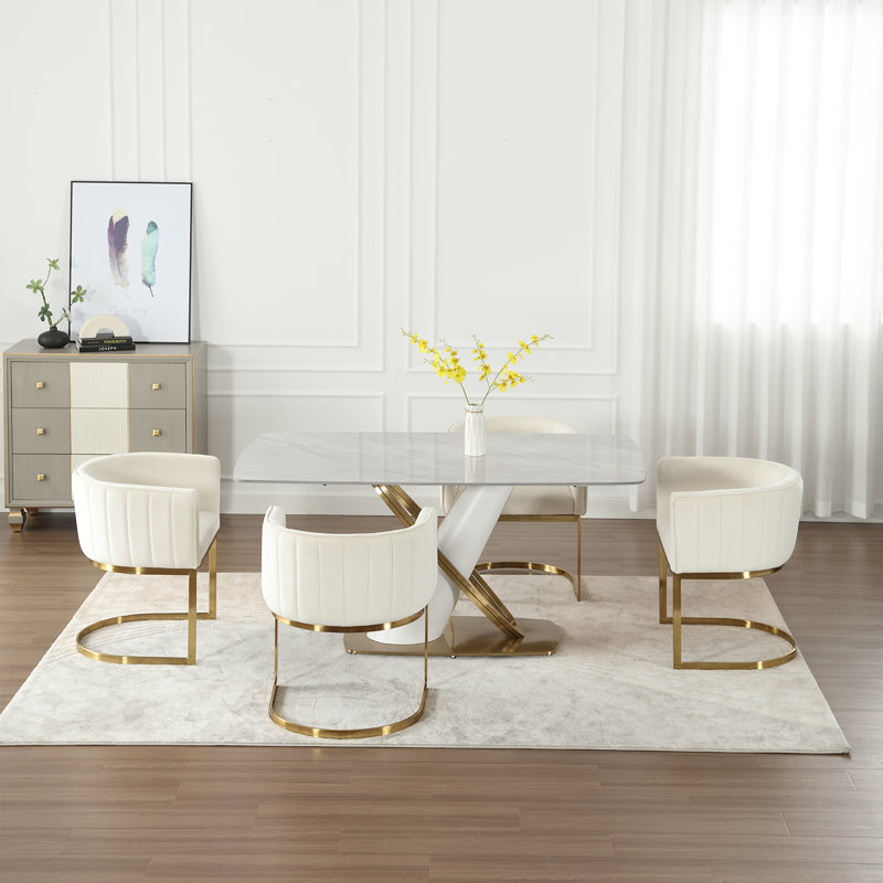 White Velvet Upholstered Side Chair with Gold Metal Frame