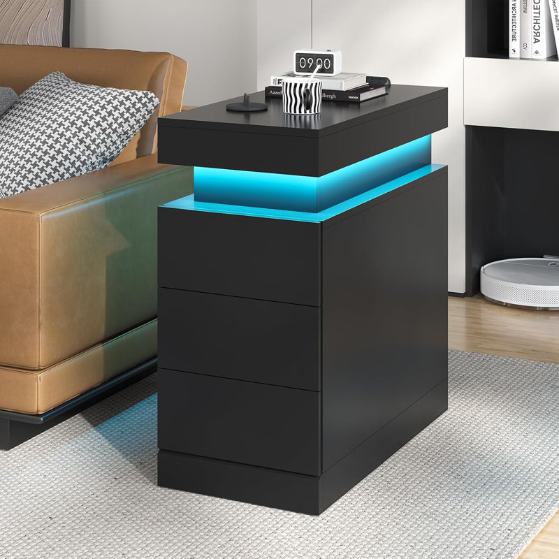Narrow Nightstand With Sliding Top,  End Table With Charging Station And 3 Drawers For Small Space, Black