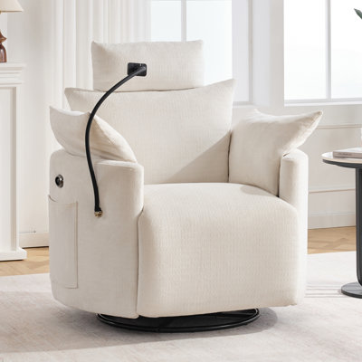 Power Rocker Recliner Chair With Phone Holder USB Charging Port And Side Pockets, 210° Swivel Nursery Reclining Chair With Adjustable Backrest And Footrest