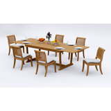 8 Seats 9 Pcs Grade-A Teak Wood Dining Set: 118" Double Extension Mas Rectangle Trestle Leg Table And 8 Arbor Stacking Armless Chairs #11AB2500