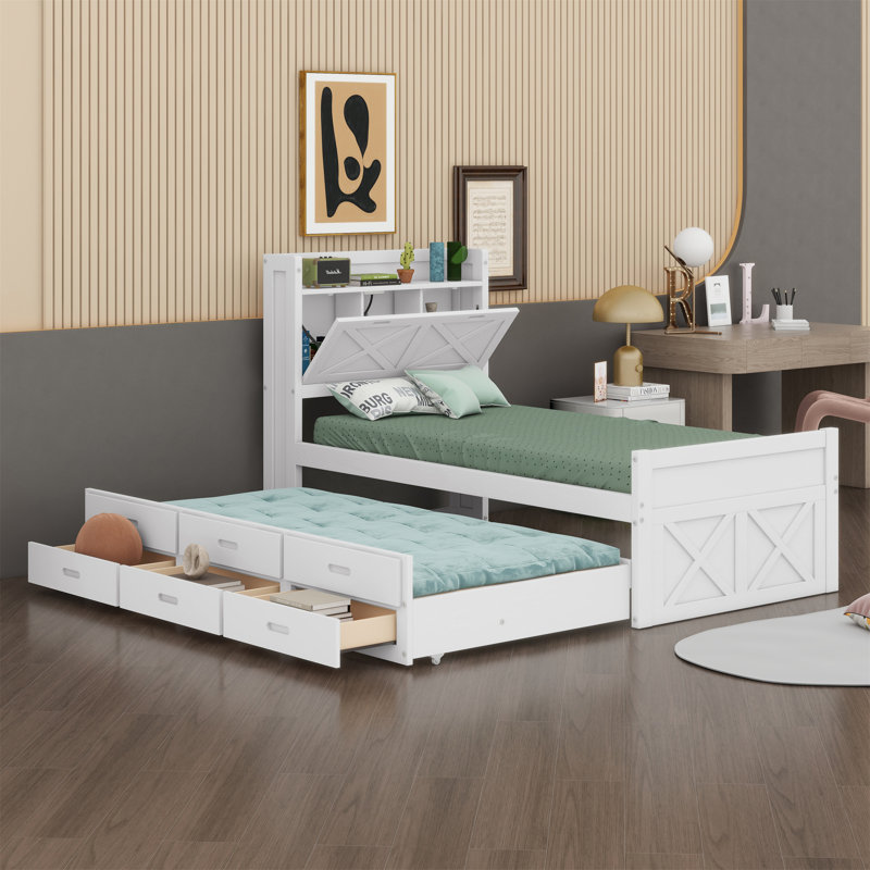 Lit en bois avec tête de lit avec prises Elydia, Double, Blanc