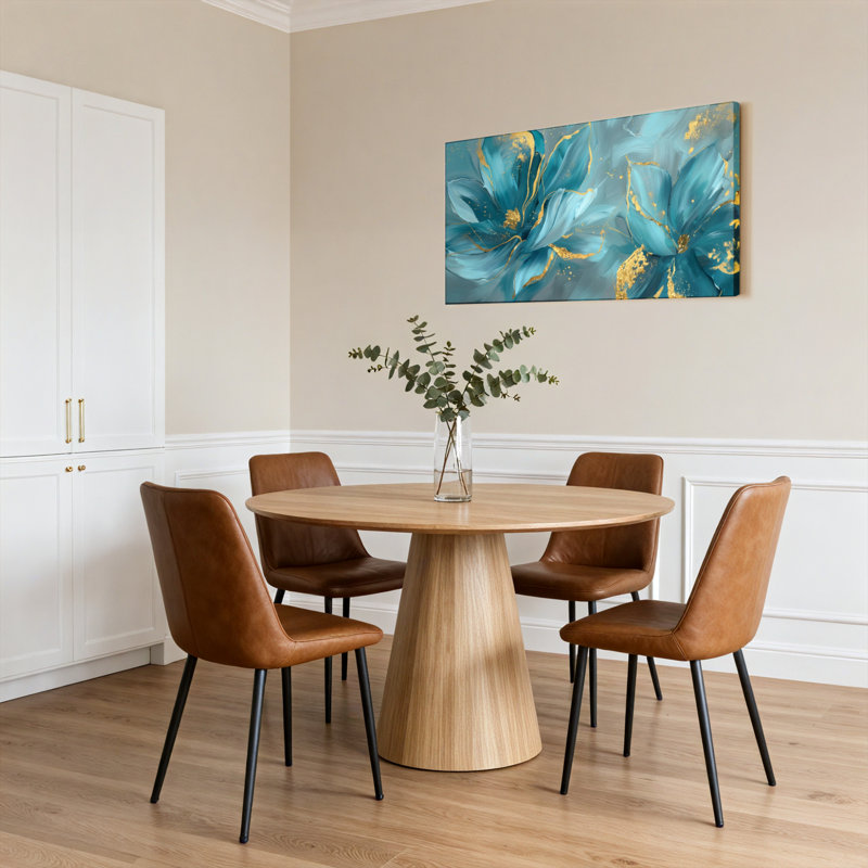 Ensemble de 1 tableau abstrait floral turquoise et or sur toile tendue, 5828