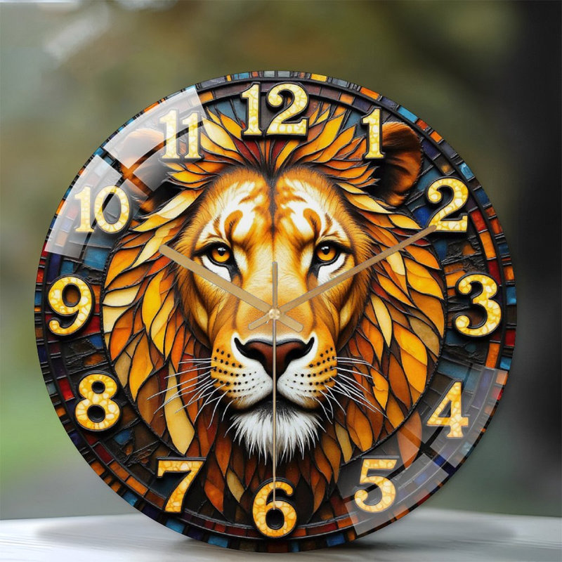 Lion Wall Clock with Colorful Stained Glass Design Art - 12'' Modern Glass Wall Clock