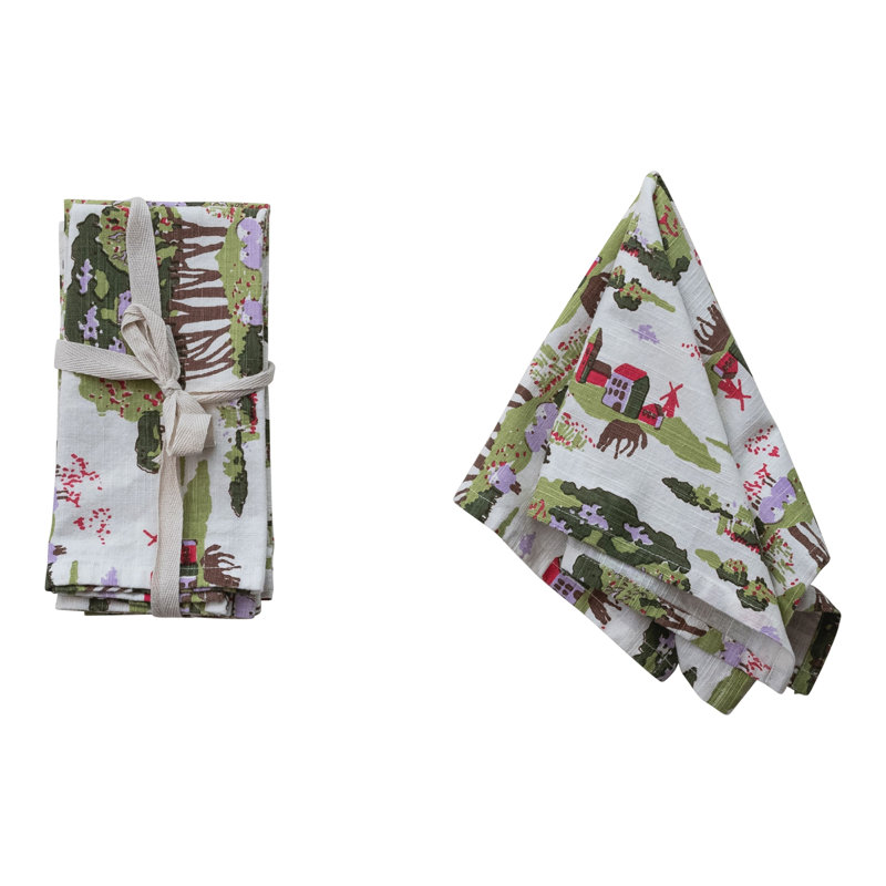 Multicolore 4 serviettes de table en coton avec ferme, arbres et animaux