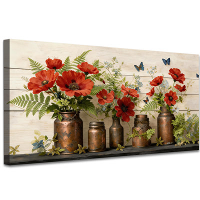 Vintage Rustic Floral Canvas Wall Art, 2:1 Panoramic Wrapped Canvas Print with Red Flowers, Fern Leaves and Antique Copper Jars for Farmhouse Living Room Decor 20×40 Inch