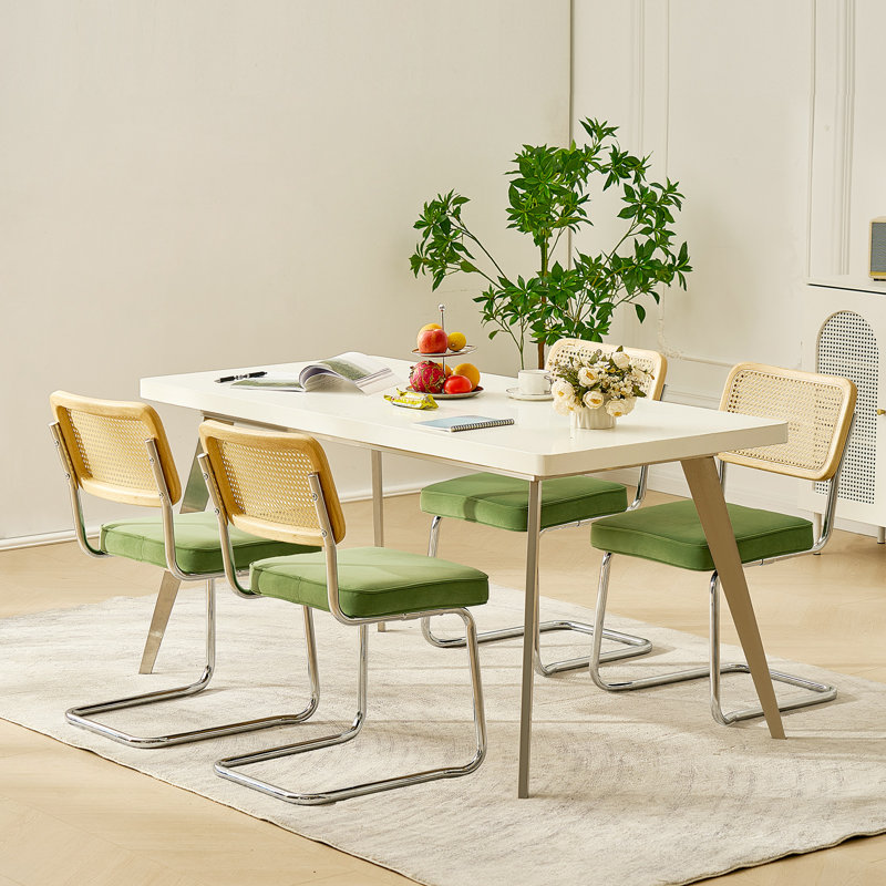 Green Velvet Upholstered Dining Chairs with Rattan Back, Set of 4