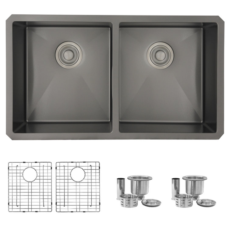 Bright Double Bowl Kitchen Sink with Grids and Strainers