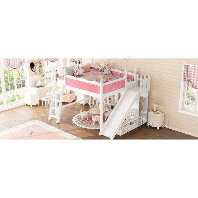 Grand lit mezzanine en bois massif rose et blanc avec tablettes de rangement, garde-robe, glissade, boîte sans sommier, mobilier de chambre idéal pour dormir