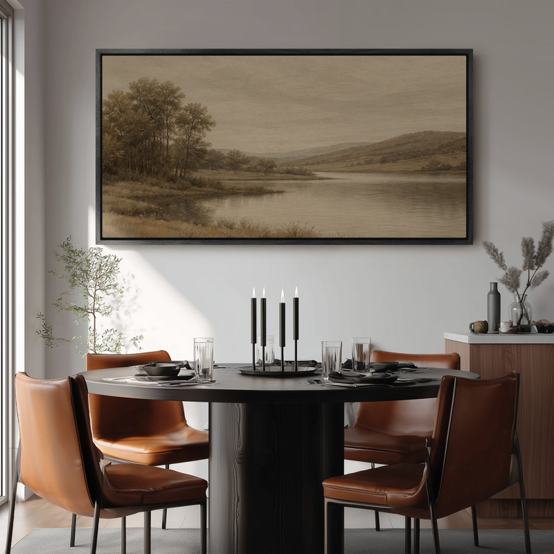 Framed Canvas Wall Art - Tranquil River Landscape with Trees and Rolling Hills in Warm Neutrals - 16"x24", 24"x36", Black