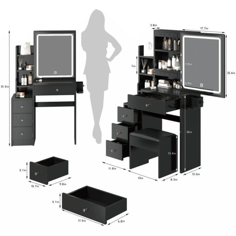 Bedside Cabinet Vanity Table, Black 1