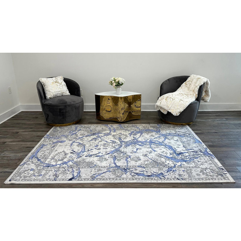 Tapis de luxe à motif abstrait gris avec cercles bleu marine, Rectangle 2 pi 8 po x 5 pi