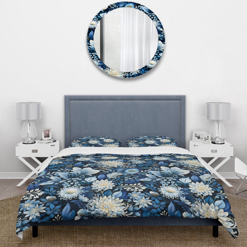 Literie russe, fleurs bleues et blanches I Bedding, Housse de couette pour grand lit et 2 taies décor