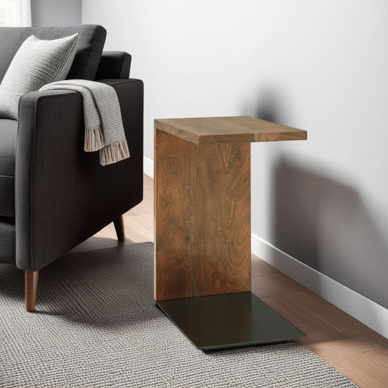 Rectangular Brown Wood and Metal C-Shaped Accent Table