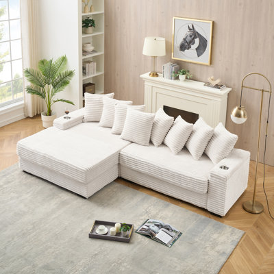 111" Modern L-Shaped Modular Sectional Sofa, Luxury Corduroy Cloud Couch With Reversible Chaise, 8 Plush Pillows, Armrest Storage, And Cup Holders For Living Room & Office