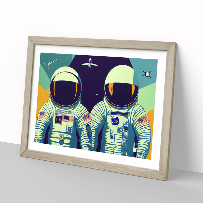 Two Retro Astronauts Vol.1 - Single Picture Frame Print, 34cm H x 46cm W x 2cm D, Oak