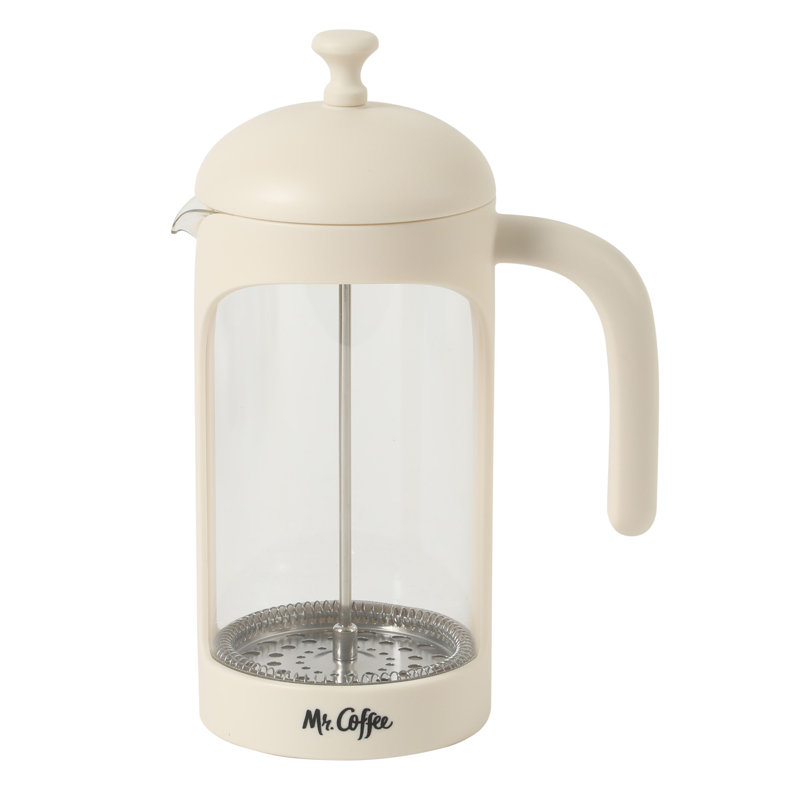 Mr. Coffee French Press Coffee Maker, 34 oz/1 Liter Glass Carafe with High Heat Resistant Durable Borasilicate Glass & Cream Frame and Plunger, Includes Coffee Scoop