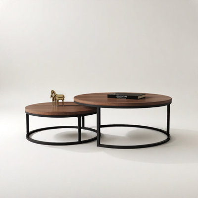 Banvra 2-piece Round Nesting Tables Modern Wood Gray & Black Round Nesting Coffee Table for Living Room