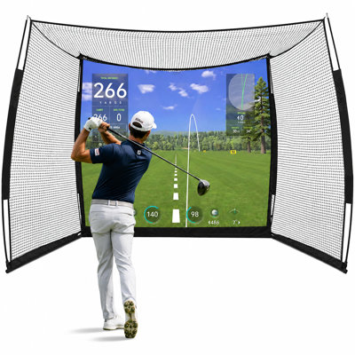 YUNIC Range Cage 10ft x 8ft Golf Practice Hitting Net with Simulator Impact Screen for Office Garage & Outdoor Backyard Swing Training
