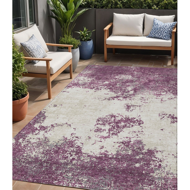 Tapis extérieur lavable abstrait aubergine 5 pi x 8 pi gris et ivoire