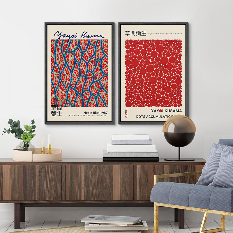 "Classical Artwork Net In Blue, Red Dots Accumulation" par Yayoi Kusama, reproduction d'art sur toile encadrée japonaise 2 pièces